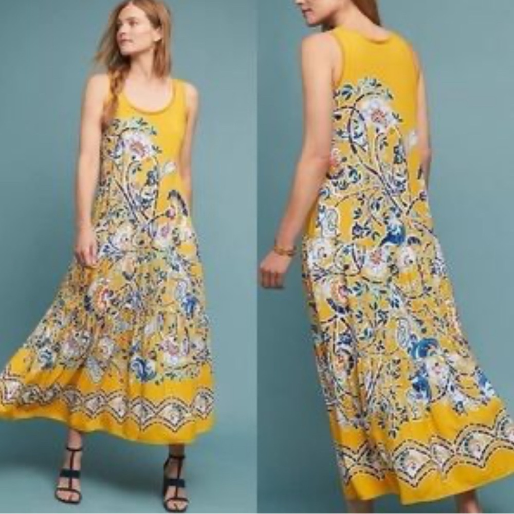 MAEVE Sz S Floral Yellow Maxi Dress Tiered Unlined Flowy Slinky Anthropologie